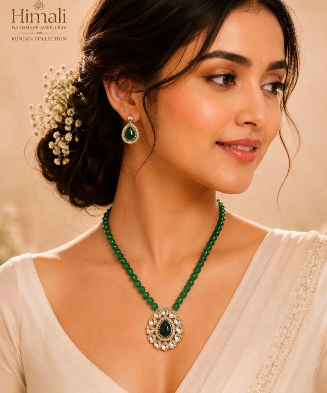 kundan long set green colour